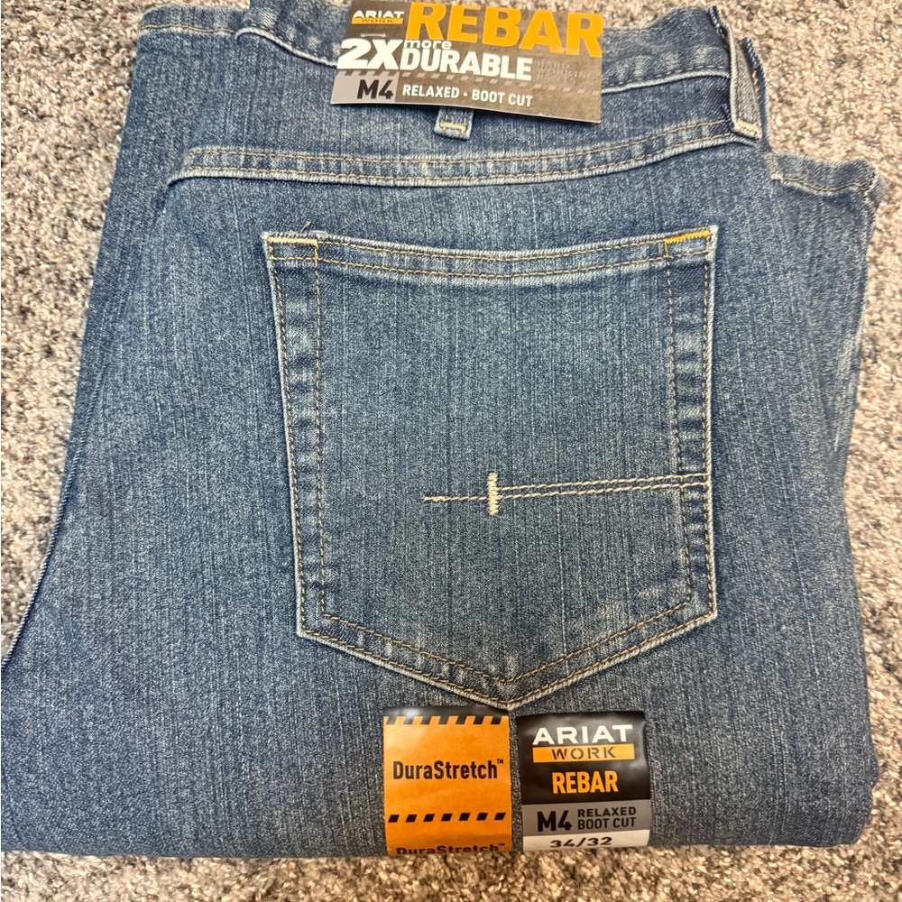 NWT Ariat Men's Blue Denim Rebar Bootcut Jeans 34 x 32